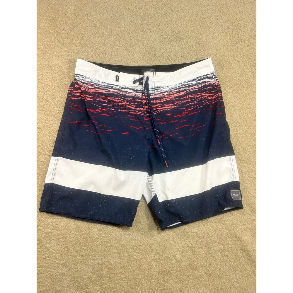 Vans Mens Board Shorts Sz 34 Navy Red White Stripe Print‎ Swim Surf